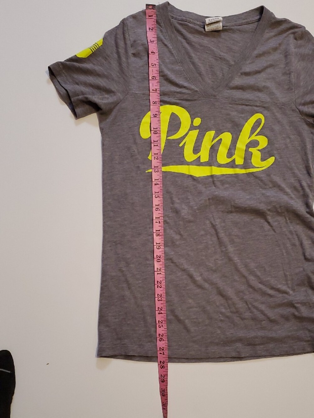 PINK Victoria's Secret Heather Gray V-Neck Tee with Neon Yellow Logo - Picture 9 of 10